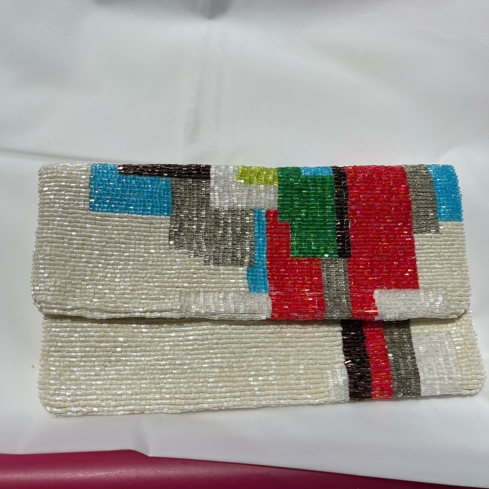BCBG Maxazria Multicolour Beaded Clutch Purse Handbag, Ivory & Colors, NWT